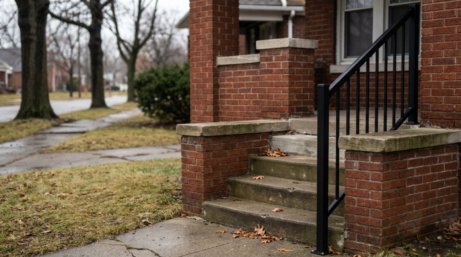 Black square-picket steel handrail running down poured concrete front steps between red-brick porch piers with stone caps, a Detroit bungalow street with bare trees behind