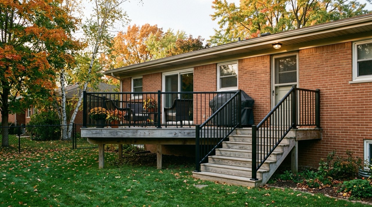 Black powder-coated aluminum railing with vertical pickets on a raised back deck of a 1950s brick ranch in suburban Detroit