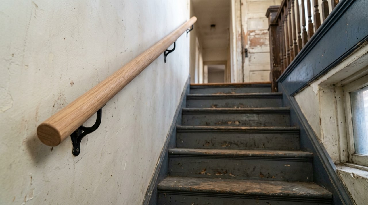 New black metal handrail added beside the front steps of a Detroit two-family flat, with a raised porch guard behind it