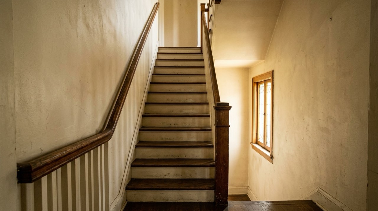 Enclosed wood staircase in a Detroit two-family flat with a new oak handrail on wall brackets and painted plaster walls