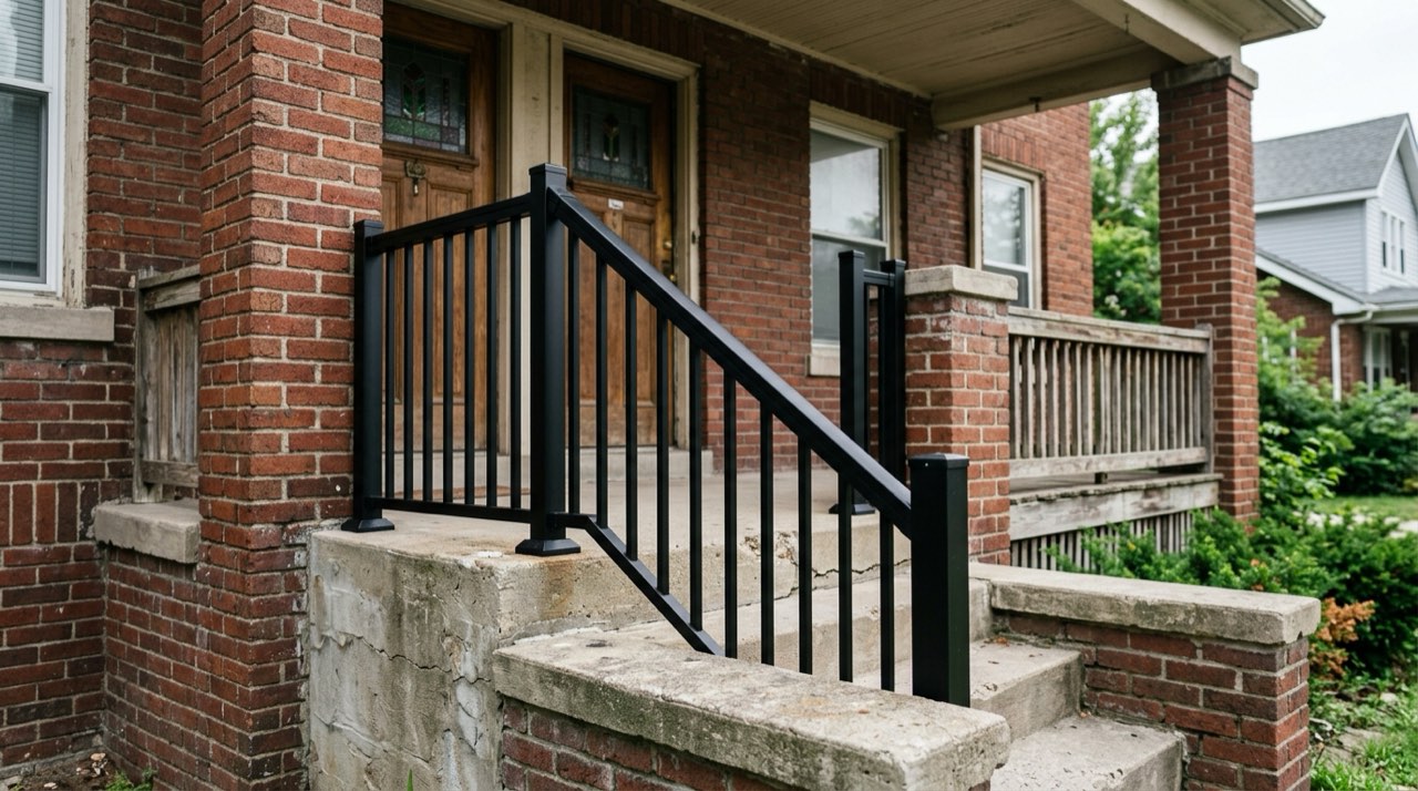 Black steel handrail core-drilled into the poured concrete front steps of a brick Detroit bungalow, with brick porch piers on either side