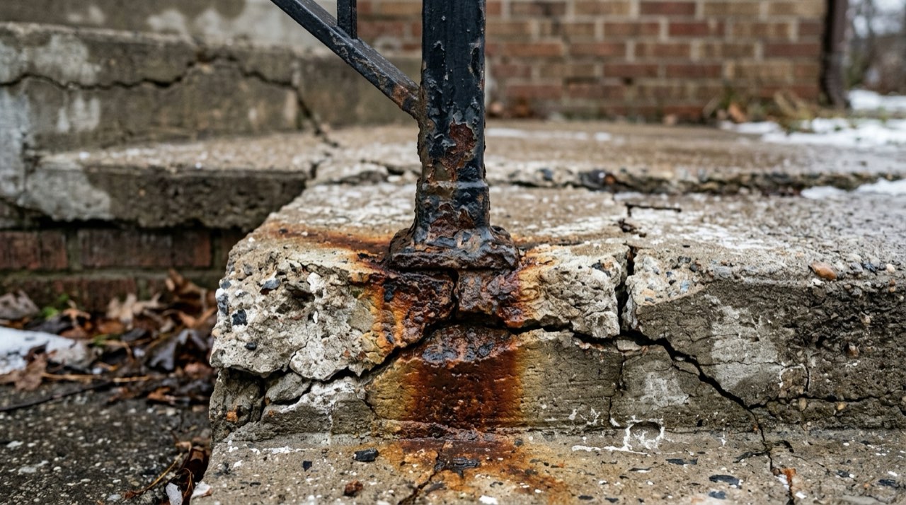 Rusted iron railing post at the base of a salt-stained concrete step with a spalled corner, on a Detroit front stoop in winter