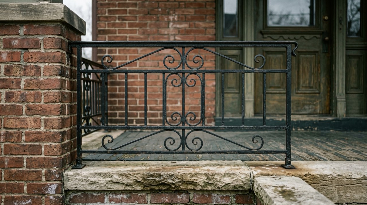 Black wrought iron porch railing with square pickets and scrolls on the brick front steps of an early-1900s Detroit house