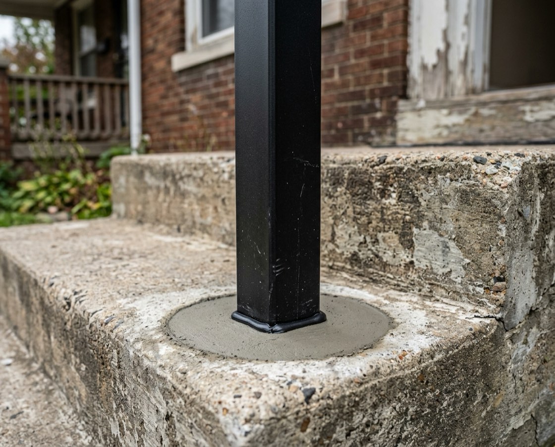 New square black steel railing post set into a fresh round concrete patch on a weathered poured-concrete porch step, red-brick house behind